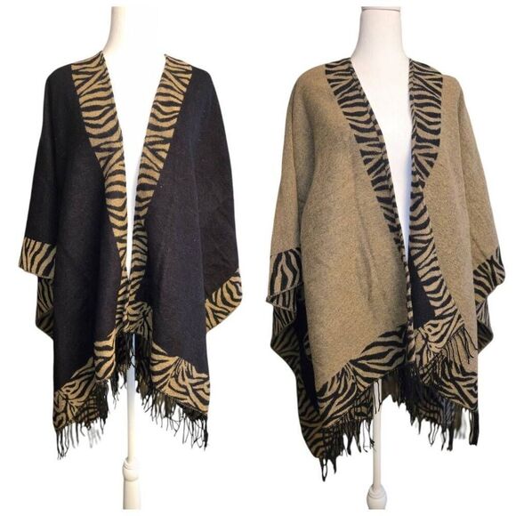 Accessory Street Vintage Women's One Size Reversible Black/Light Brown Cape - Picture 1 of 12